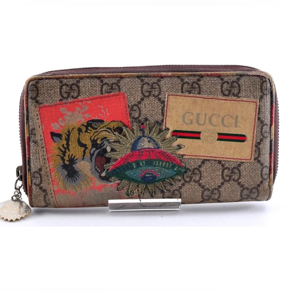 GUCCI Animal GG Supreme Long Wallet Leather Brown Beige Round Zip